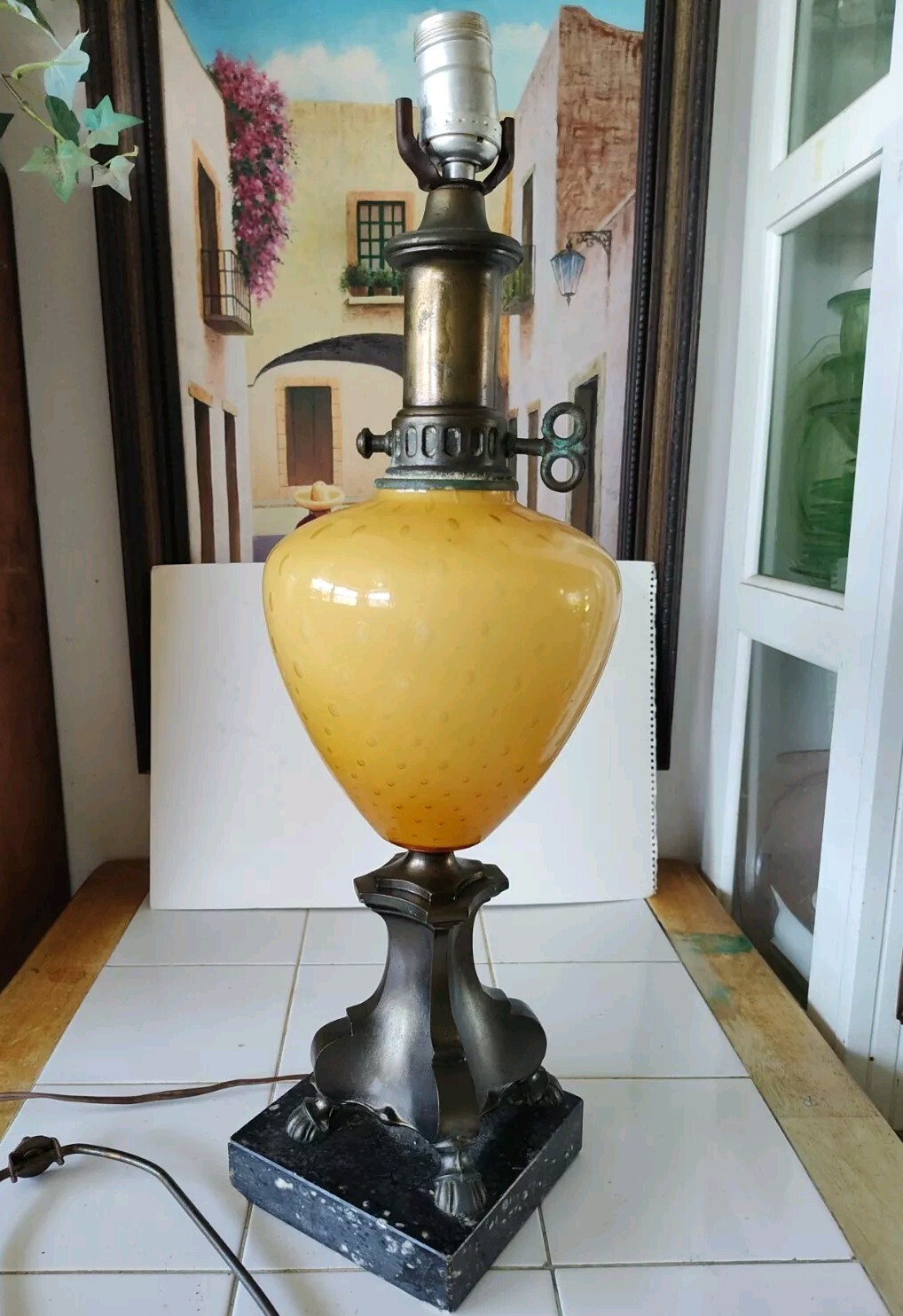 Beautiful Barovier & Toso Murano Italian Bronze & Art Glass W/Bubbles Lamp