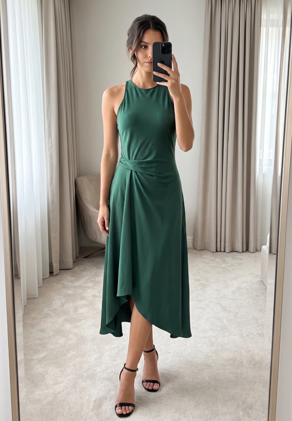 Reiss PETITE Micah Green Sleeveless Asymmetric Midi Dress Draped Waist