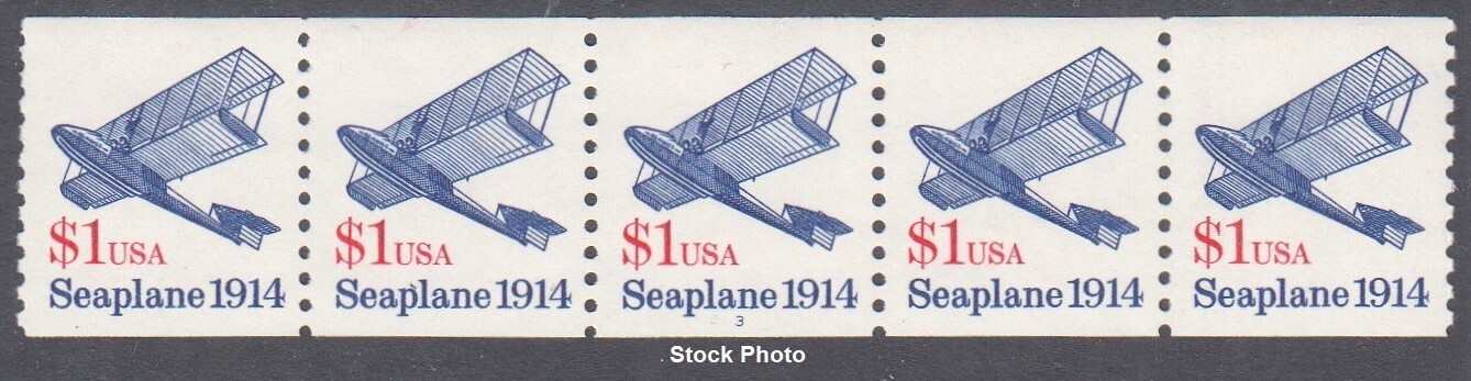 US Postage 1993 - PNC Strip of 5 - Plate #3, Seaplane $1.00 Coil, Sc 2468b, MNH