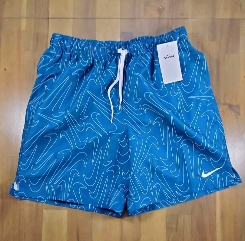 Nike Men\'s SWIM Breaker Tossed Swoosh Volley Shorts Green Abyss Medium MSRP $60