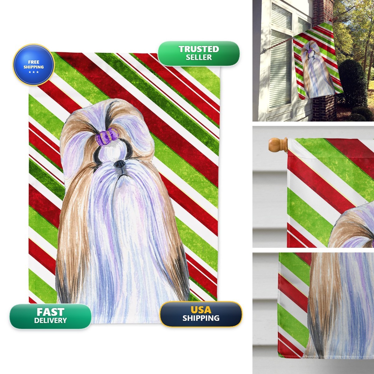 Caroline's Treasures SS4534CHF Shih Tzu Candy Cane Flag Large Multicolor