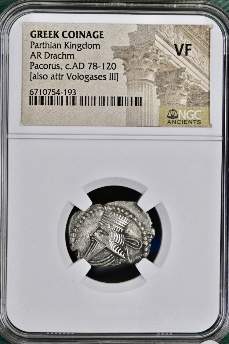 Pacorus Ancient Greek Parthian Kingdom 78AD-120AD NGC Graded Drachm Scarcer Type