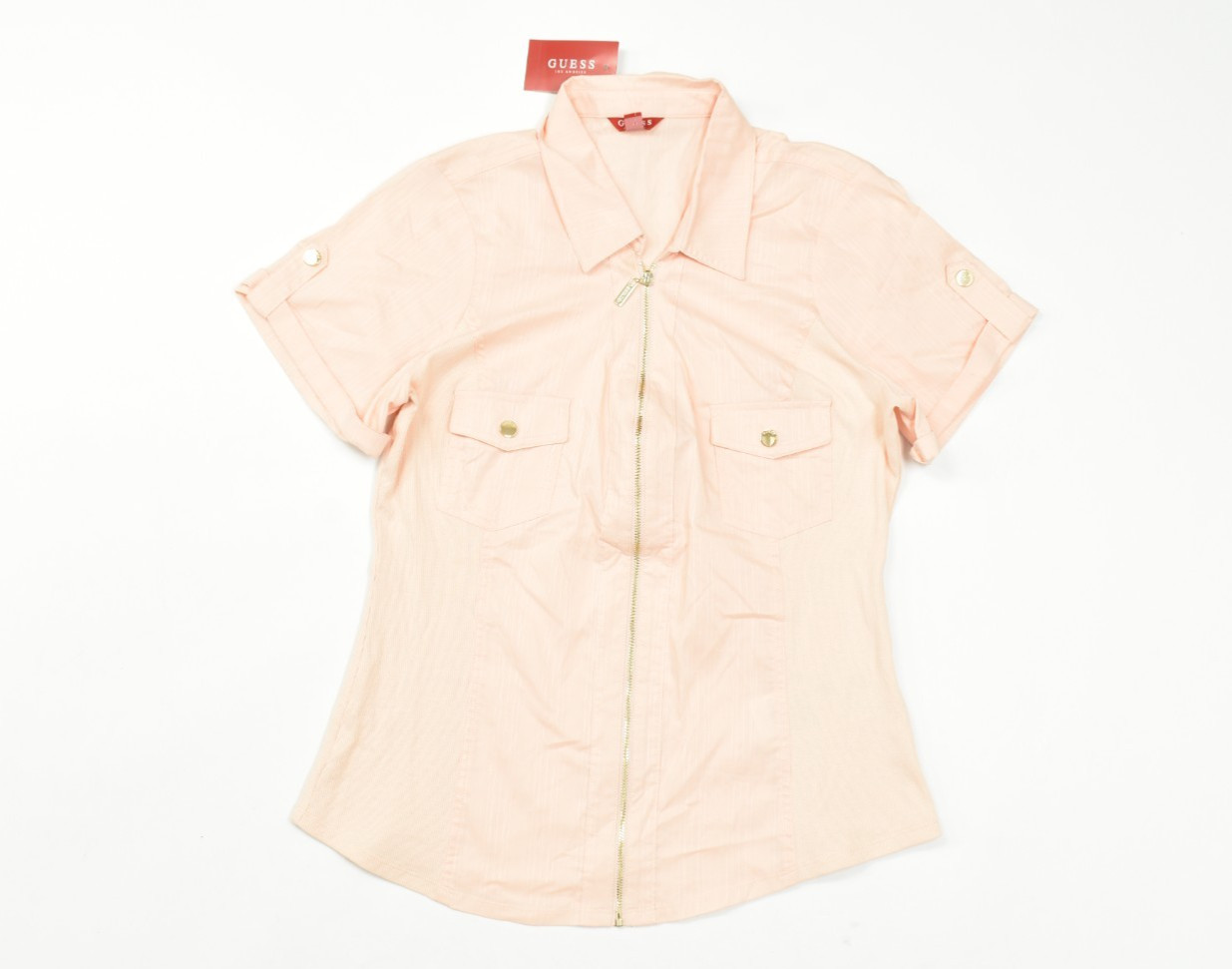 GUESS Women\'s Amaya Top Light Pink Short Sleeve Zip Front Shirt Size XL NWT