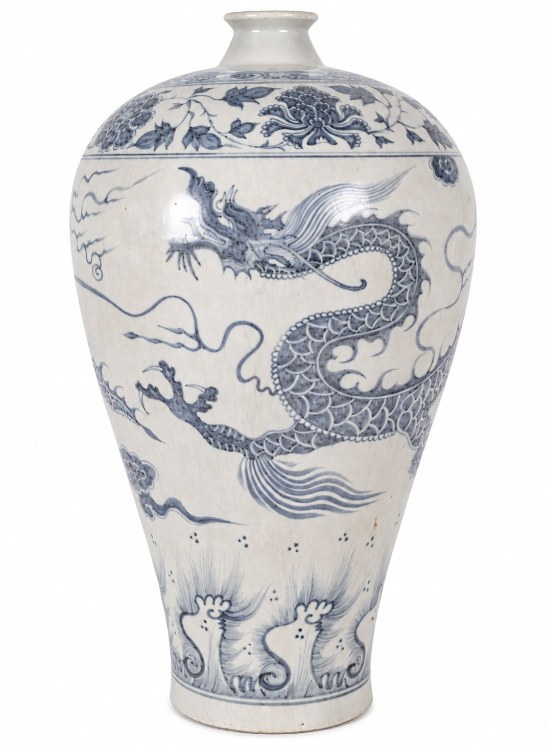 Large Chinese Blue and White Porcelain Dragon Meiping Vase, Late Qing Dynasty