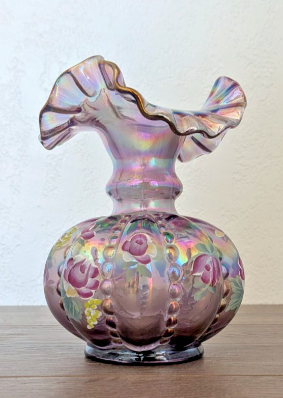Fenton 95th Anniversary Amethyst Melon Vase Double Signed Bill Fenton J Hart