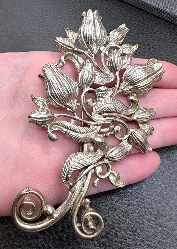 Vintage HUGE Old Ornate Flower Pot Metal Brooch Pin Silver Tone
