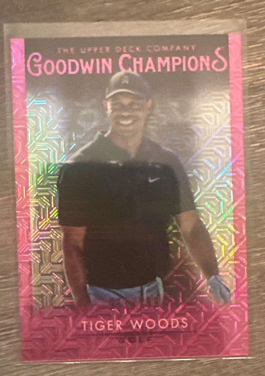 2021 Upper Deck Goodwin Champions - Platinum Tiger Woods #25 Pink Traxx /299 2021 Upper Deck Goodwin Champions - Platinum Tiger Woods #25 Pink Traxx /299