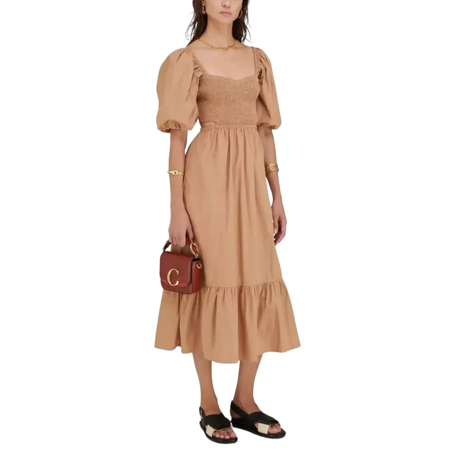 Faithfull The Brand Bloom Midi Dress Smocked Cut Out Hazel 10 Anthropologie NWT