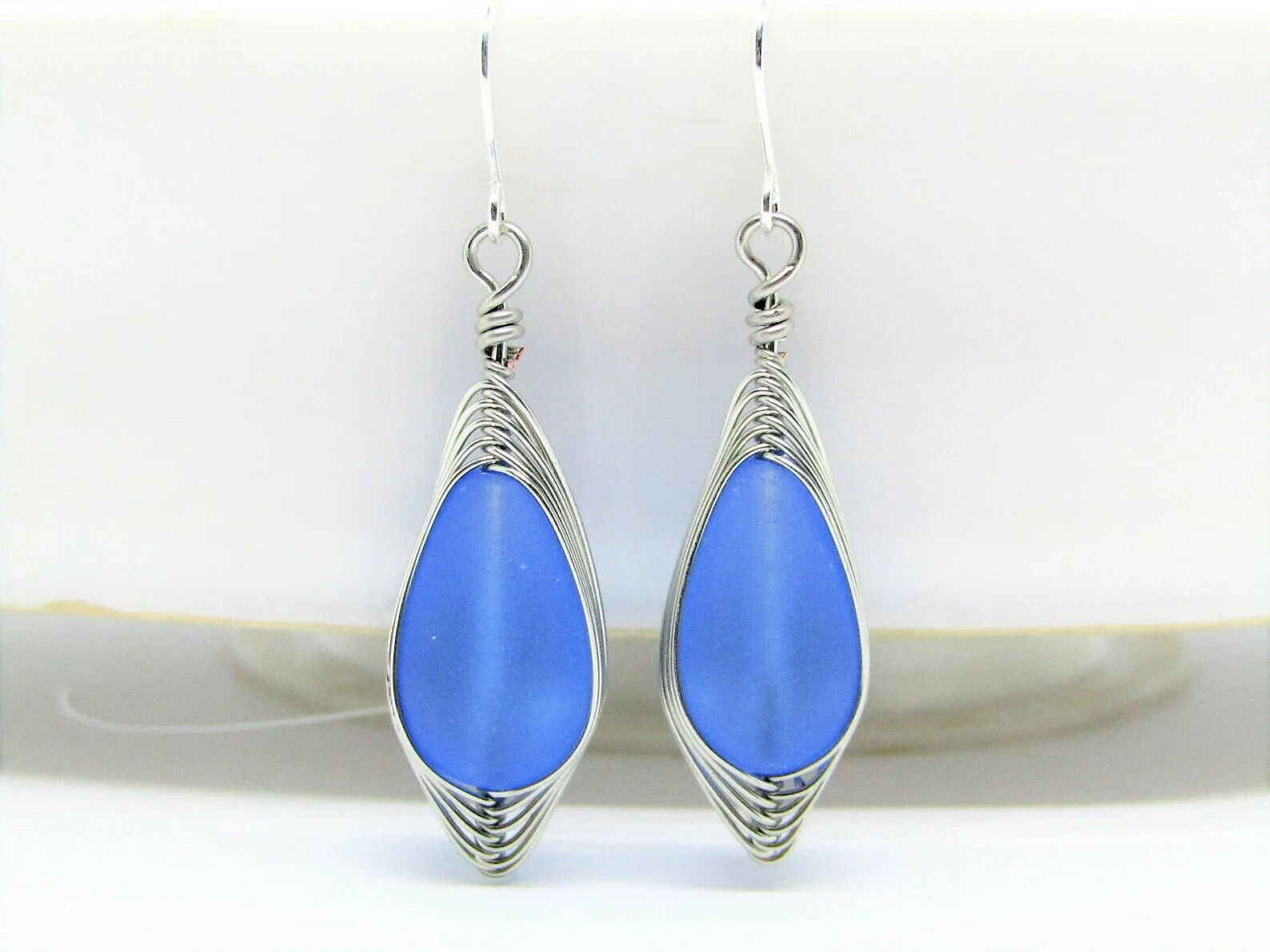 Blue Teardrop Earrings Frosted Sea Glass Silver Wire Braided Ladies