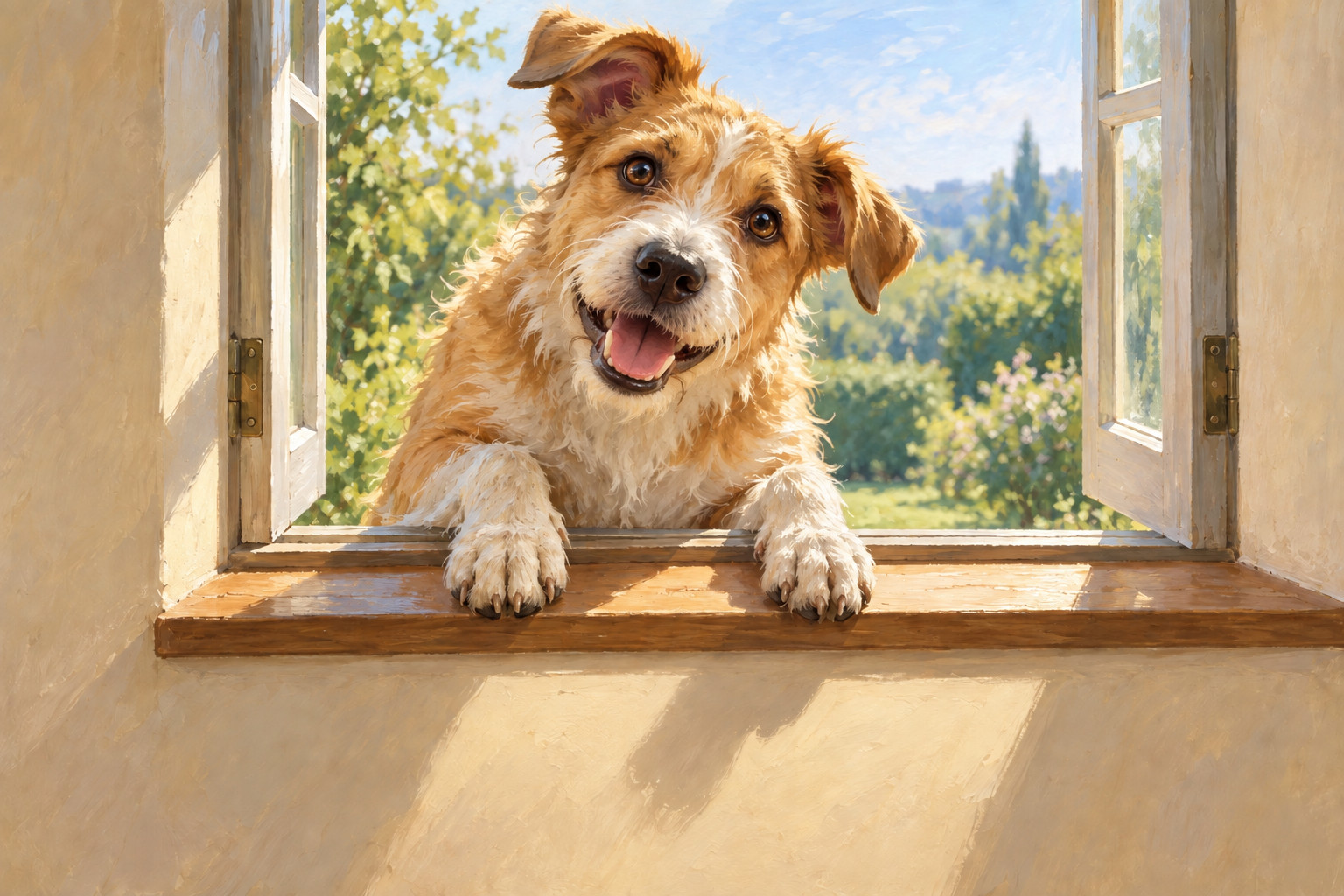 Original Hand Painted Dog Painting 24x16 Happy Puppy at Window Acrylic Original Hand Painted Dog Painting 24x16 Happy Puppy at Window Acrylic