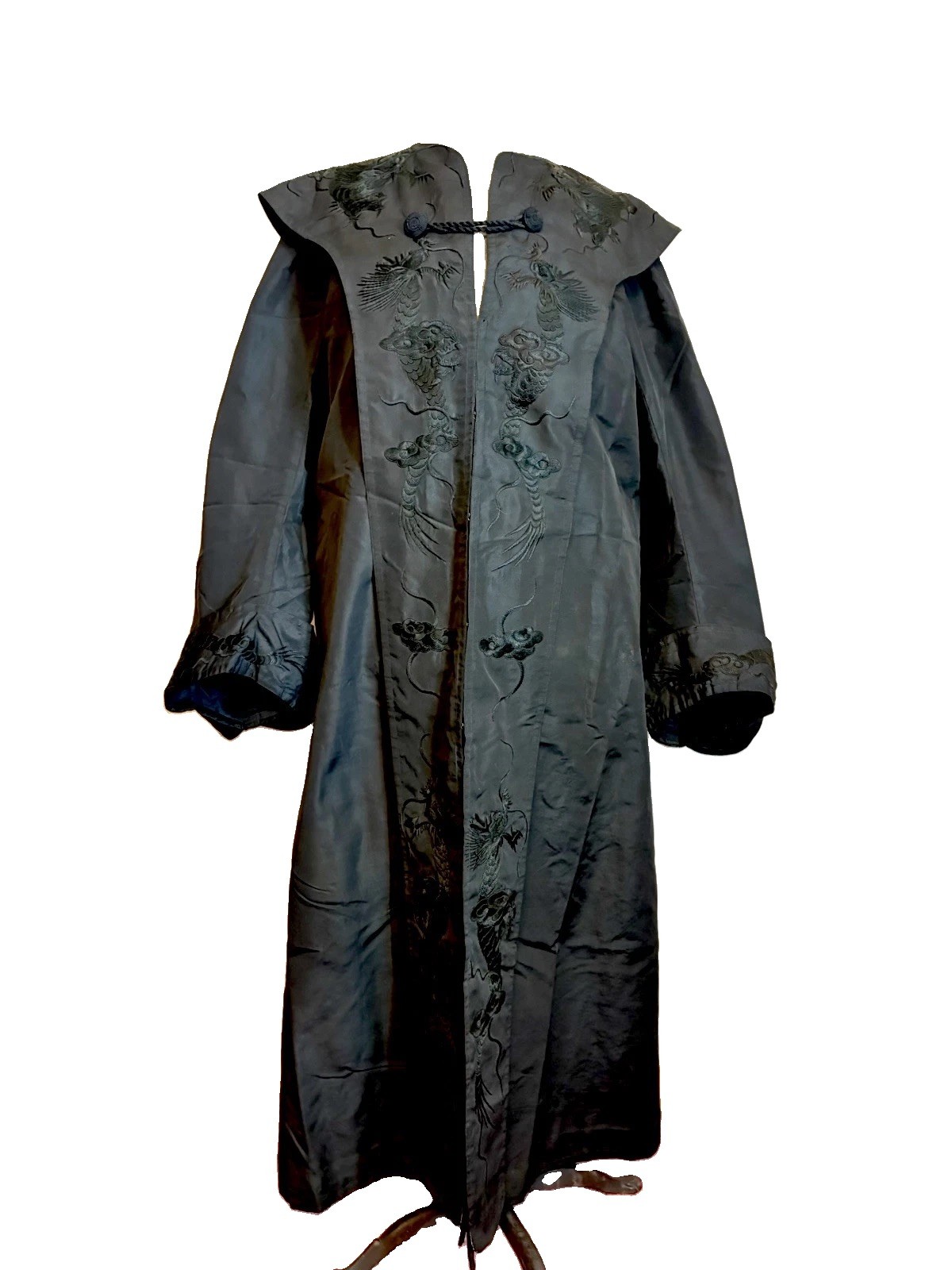 Antique 1900s Victorian Asian Black Silk Taffeta Dragon Embroidered Coat Antique 1900s Victorian Asian Black Silk Taffeta Dragon Embroidered Coat