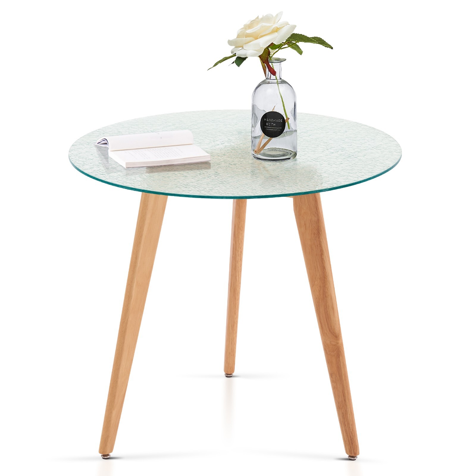 Ivinta Dining Table with Wood Leg for Dinner, Kitchen Table with Glass Tabletop