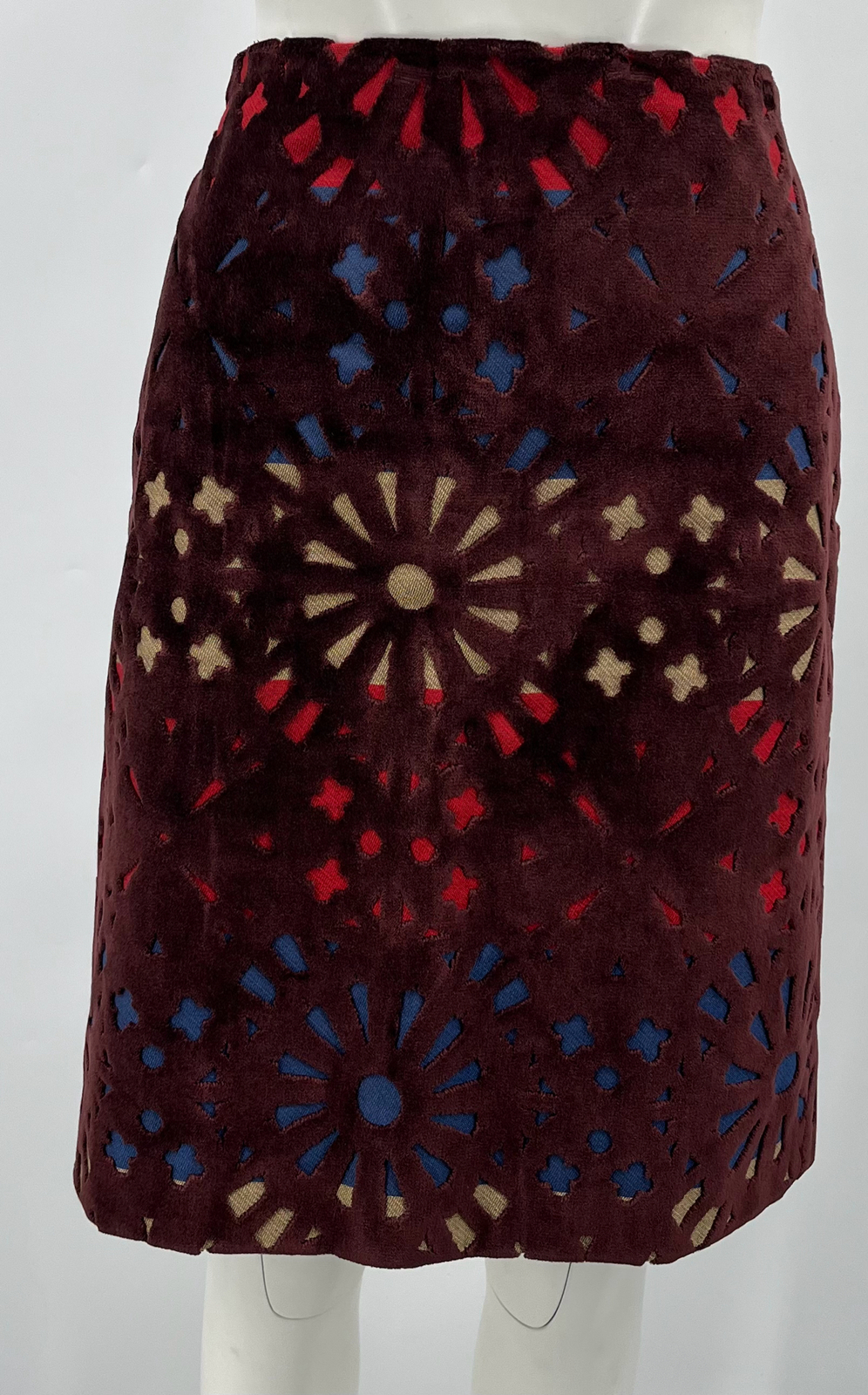 Carven Burgundy Velvet Eyelet Geometric Straight Skirt sz 42 NWT
