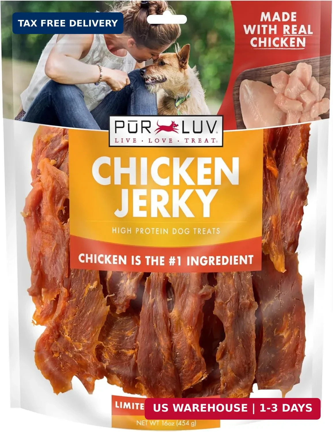 Pur Luv Chicken Jerky Dog Treats, Made with 100% Real Chicken Breast, 16 Ounces,