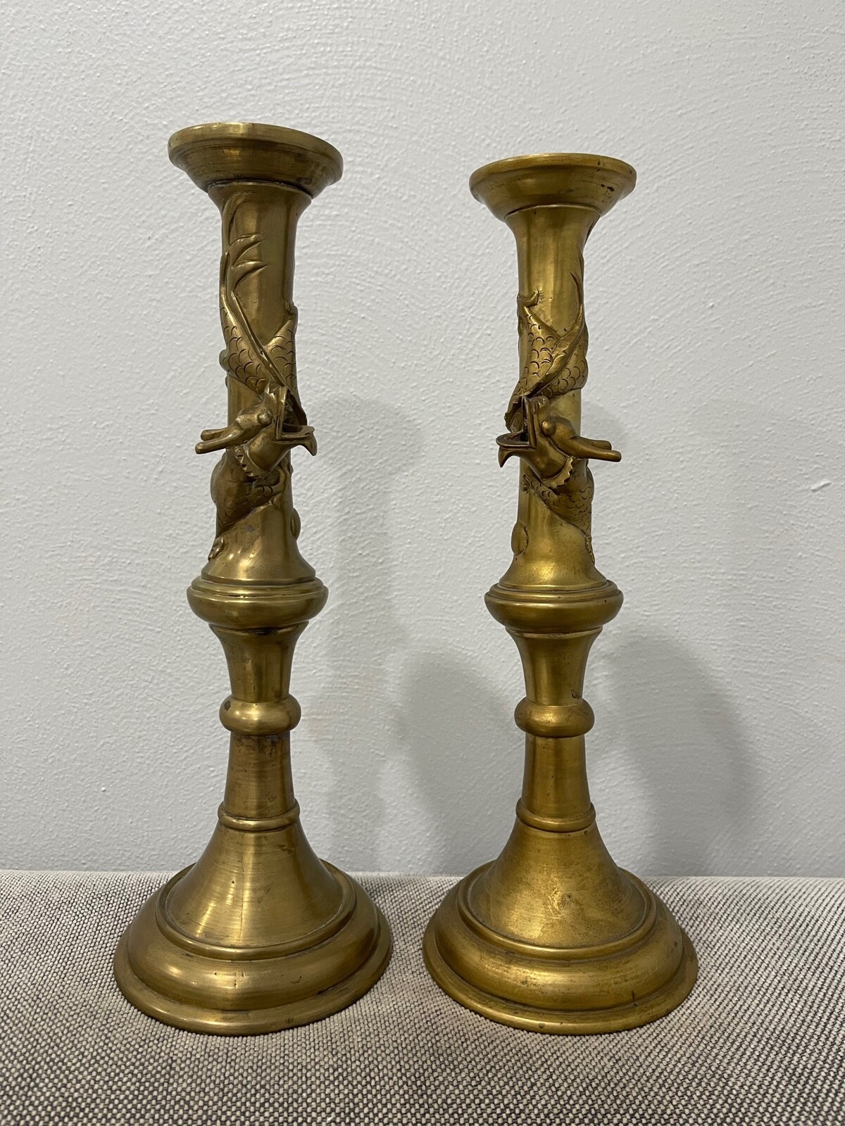 Vtg Antique Chinese Brass Pair of Large Candle Sticks Holders Raised Dragon Dec.
