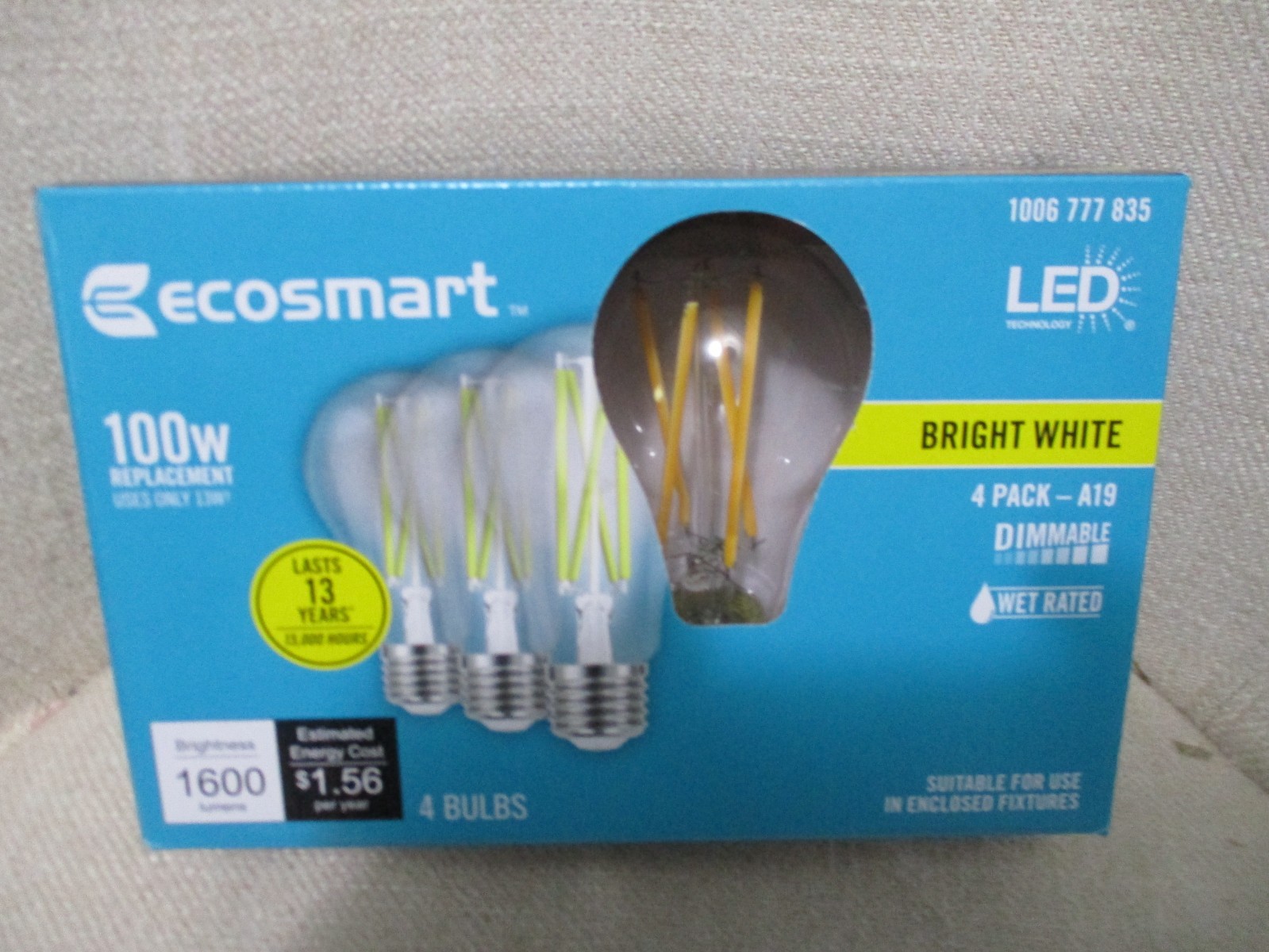EcoSmart 100-Watt A19 4 Pack Dimmable Bright White LED Light Bulbs 1006777835