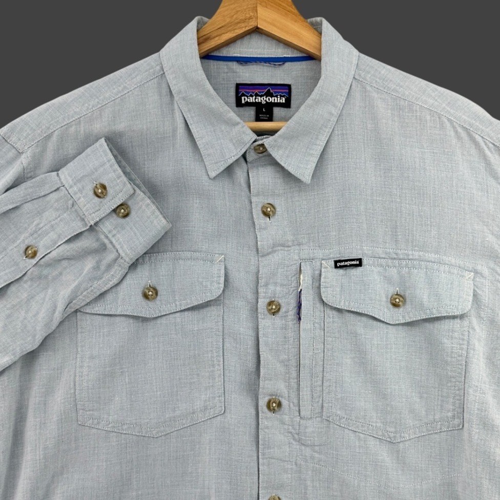 Patagonia Light Blue Hemp Blend Stealth Stream Long Sleeve Button Shirt Mens L