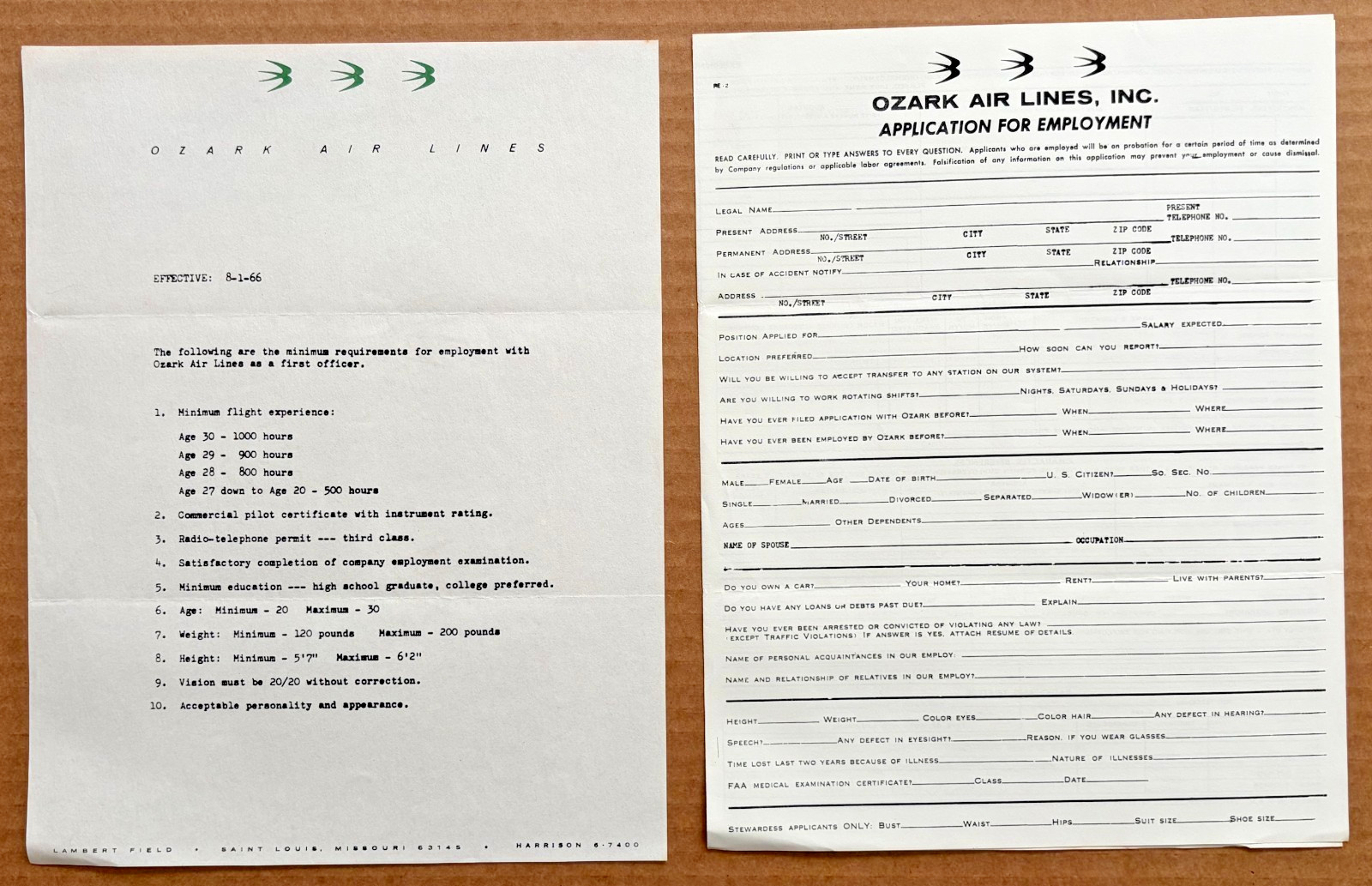Vintage 1966 Ozark Air Lines Pilot Job Application & Minimum Requirements Form