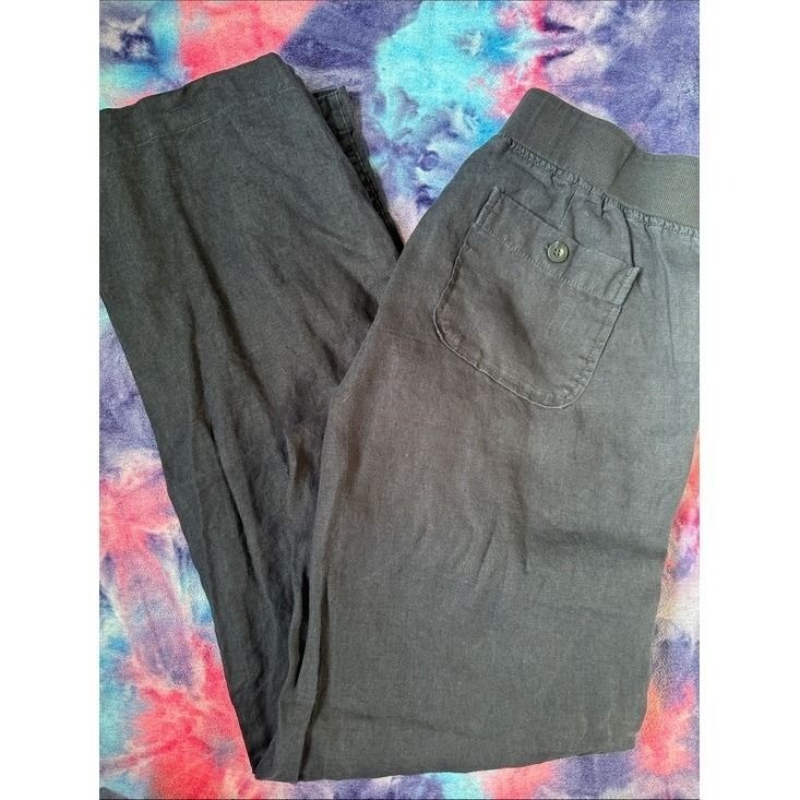 Athleta Wide Leg Linen Pants Navy Blue Size 10 Relaxed Fit Drawstring Waist