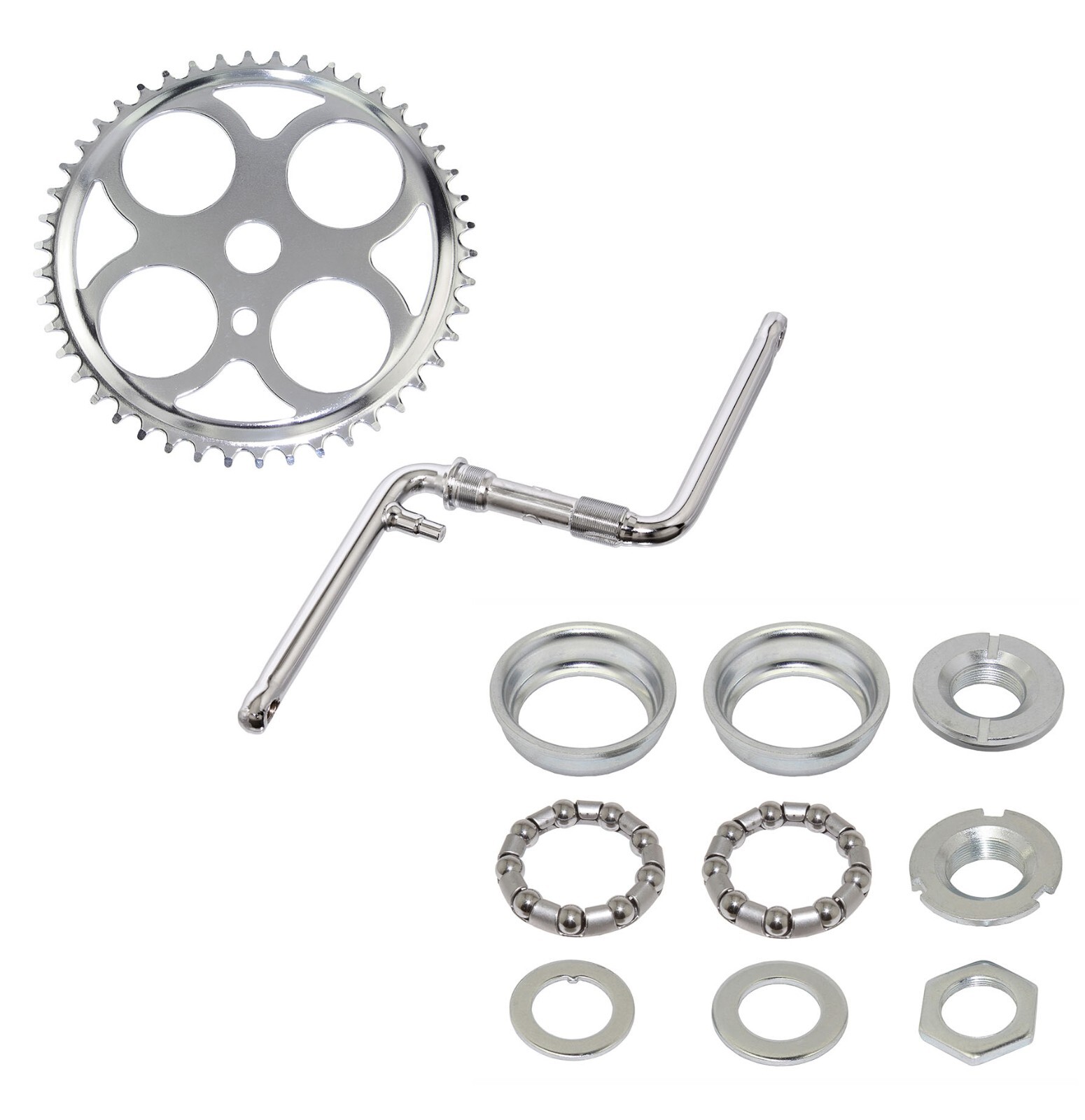 4 HOLE SCHWINN STYLE BICYCLE 46T SPROCKET, 6 1/2 CRANK, & BOTTOM BRACKET SET.