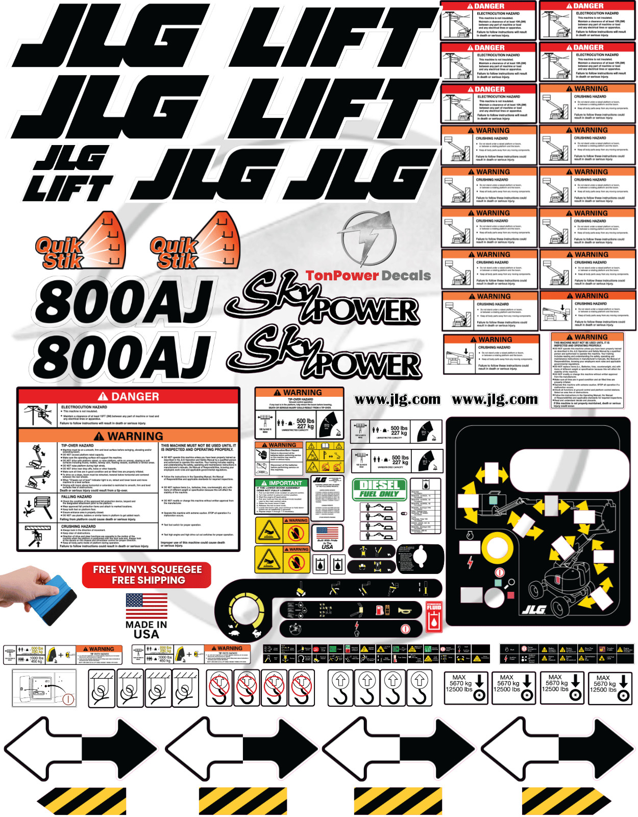 Fits JLG 800AJ Boom Lift Decal Kit – 3M Vinyl – 