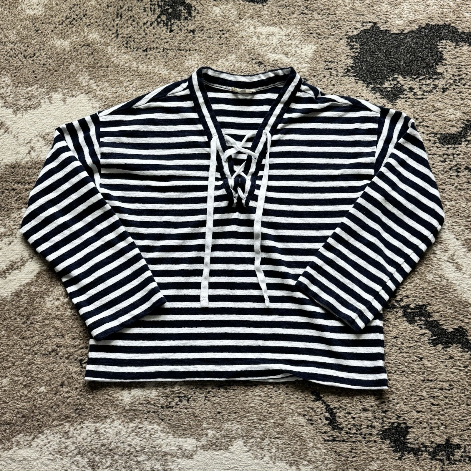 Madewell Navy & White Striped Lace-Up Henley Top