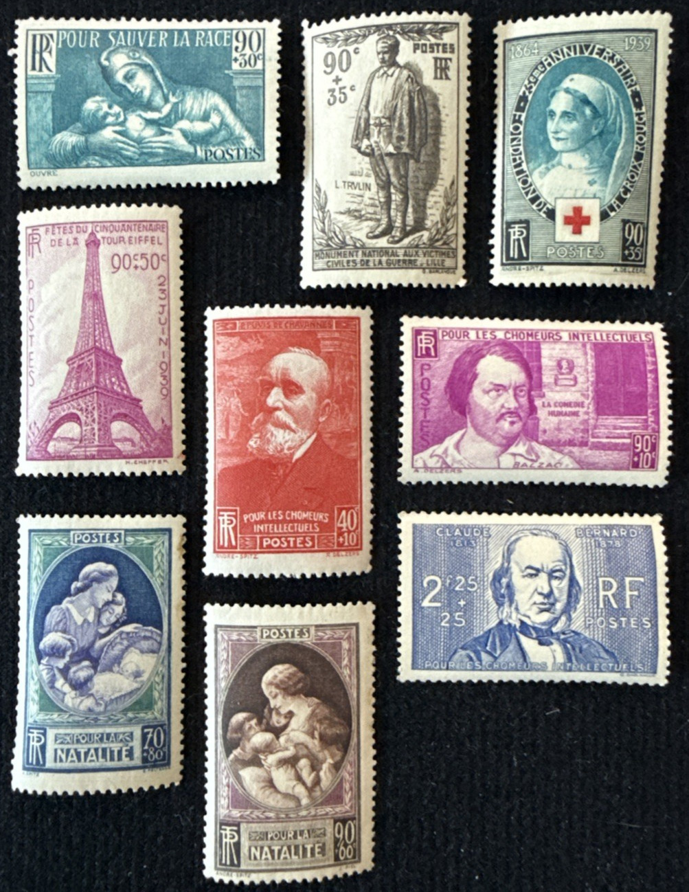 1937-39 France 9 Semi-Postal Stamps MNH & Unused NH, SC#B65-B91 Incomplete