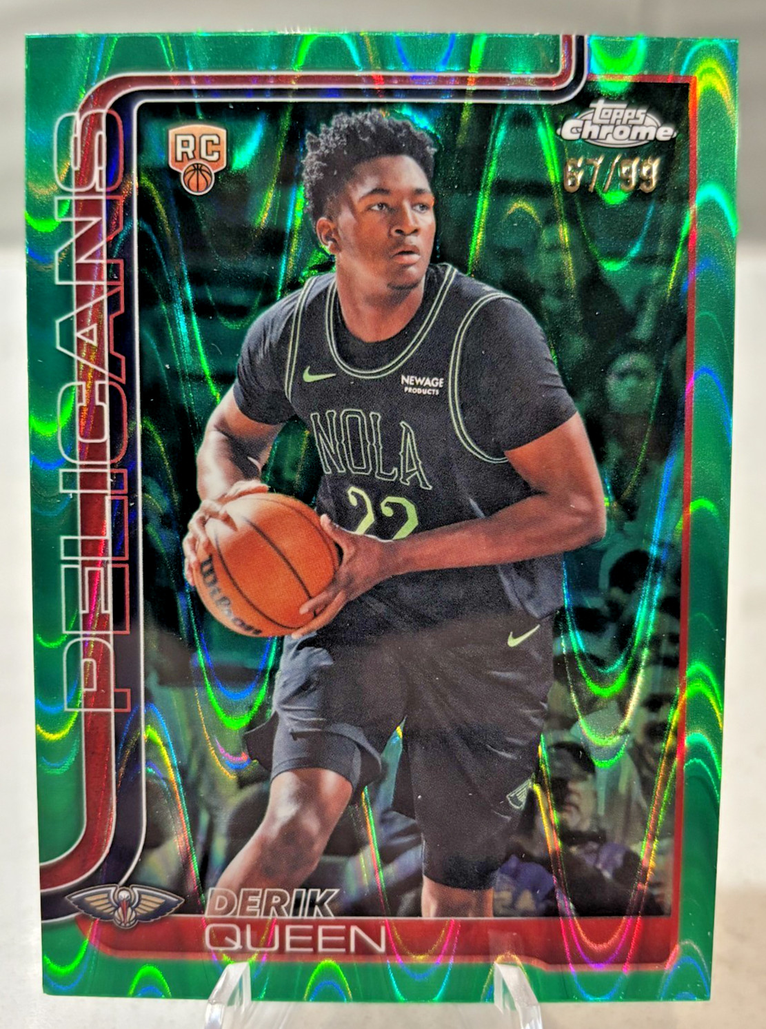 Derik Queen 2025-26 Topps Chrome Update #/99 Green Raywave RC Pelicans #163