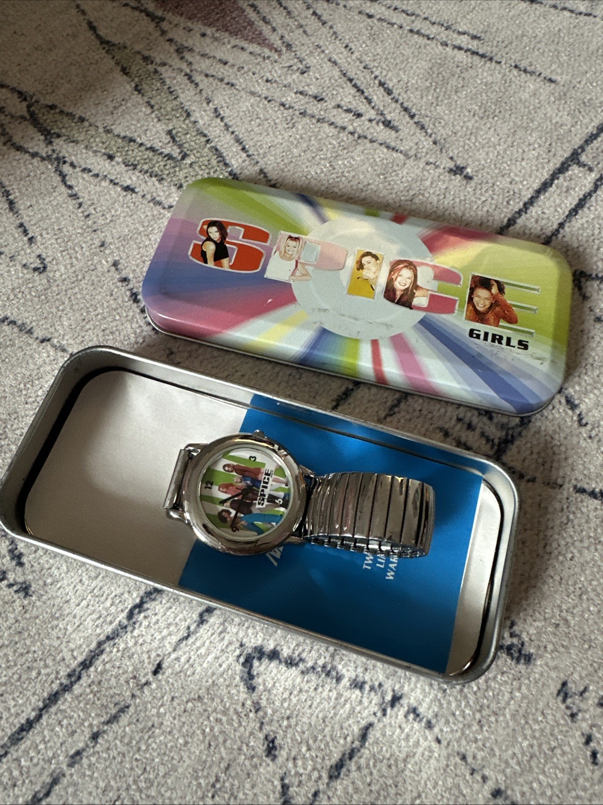 Vintage 1997 Spice Girls Silver Metal Wrist Watch With Tin Case (Not Working)