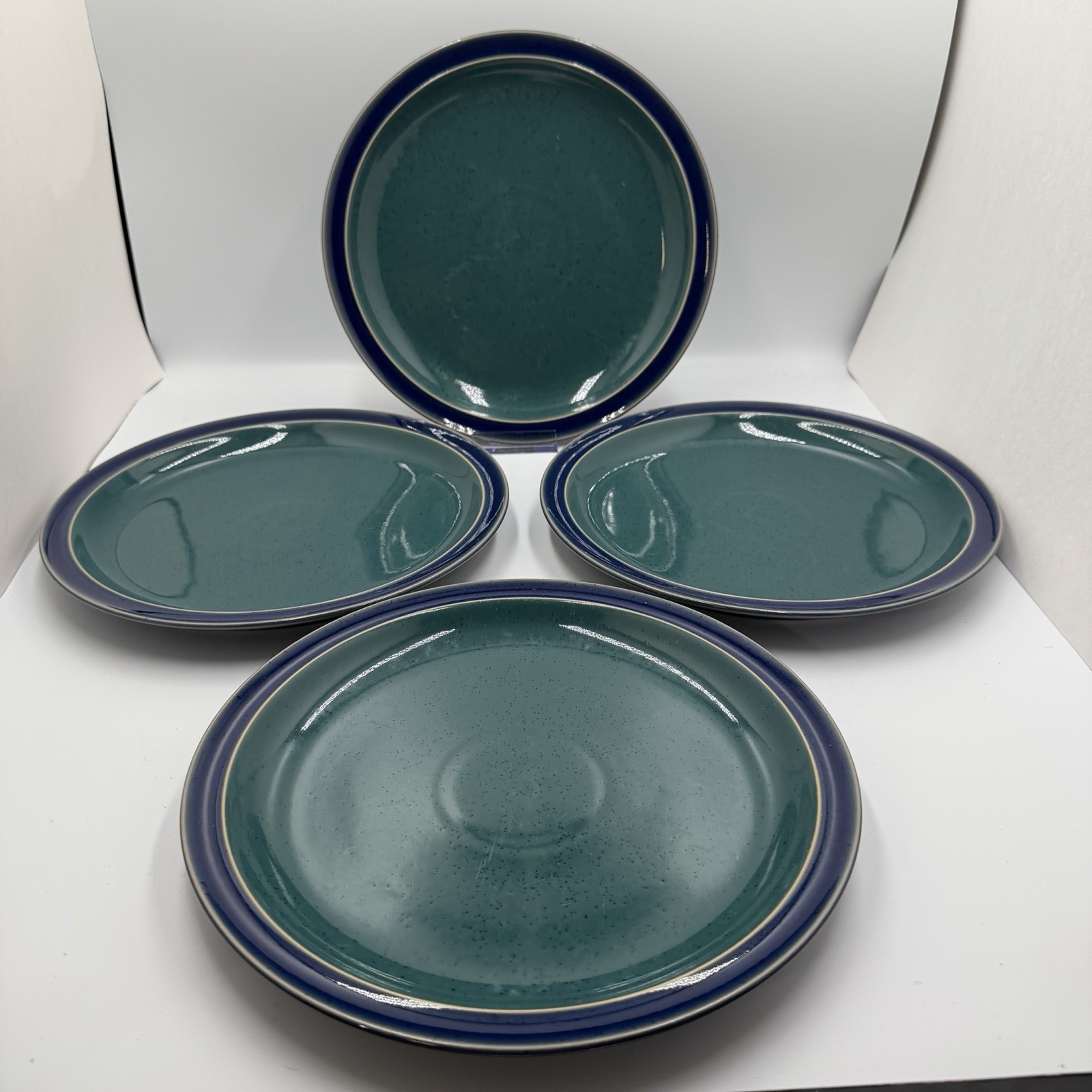 Vintage Denby Harlequin Stoneware Speckled Green Navy Rim Dinner Plates Set of 4