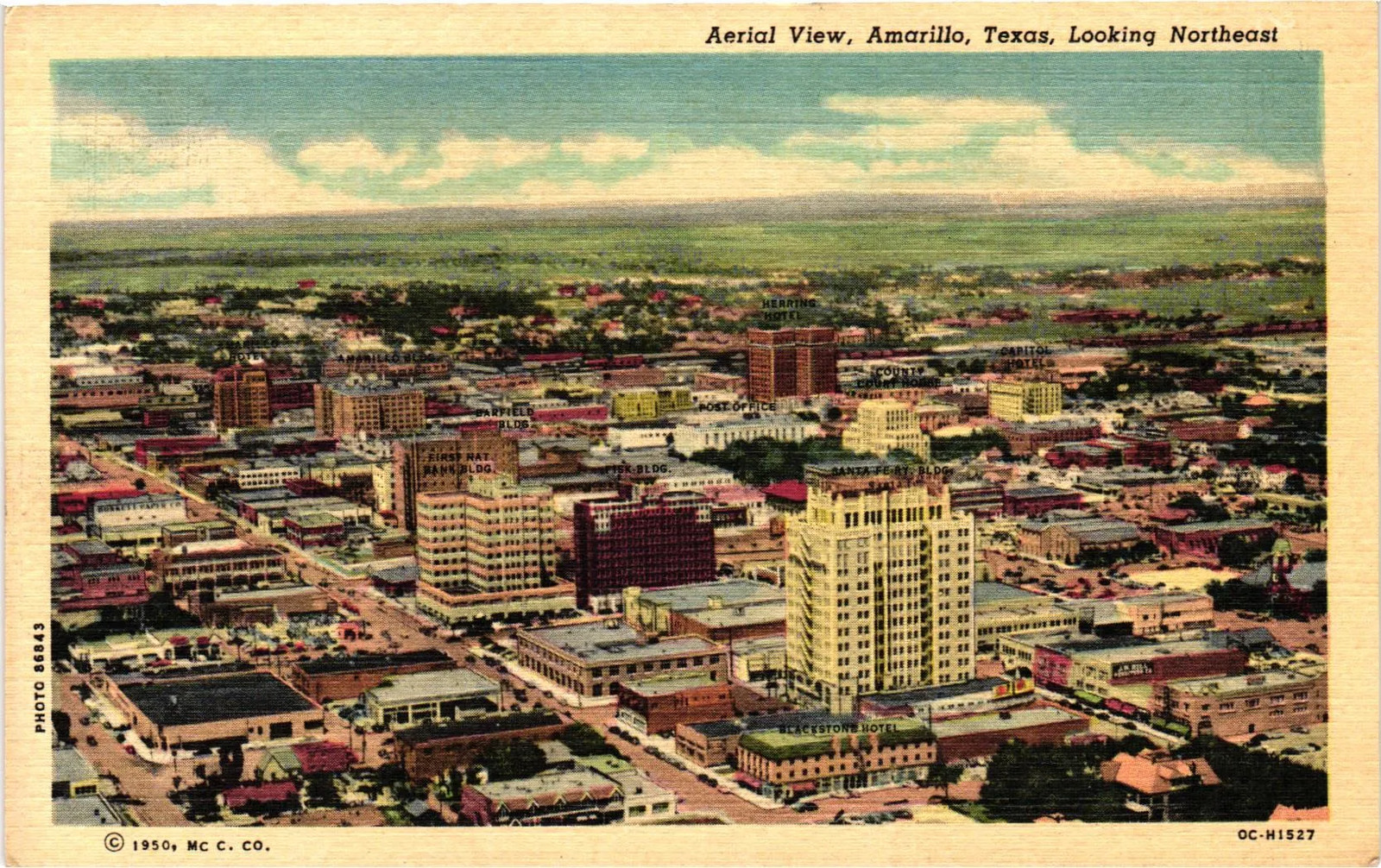 Vintage Postcard- OC-H15. Aerial View, Amarillo, Texas, Looking N. Unused 1950