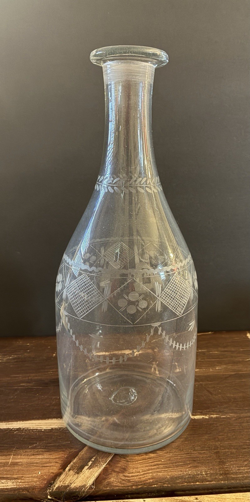 Antique Georgian Hand Blown Glass Taper Decanter Carafe Open Pontil Etched c1800