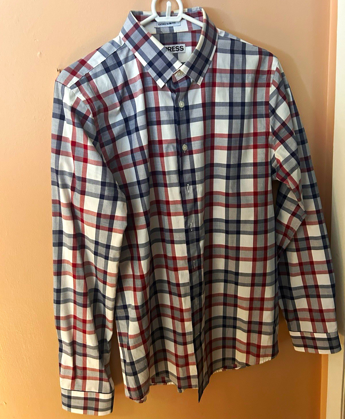 Express Men’s Extra Slim Plaid Long Sleeve Point Collar Button-Up Shirt M 15.5