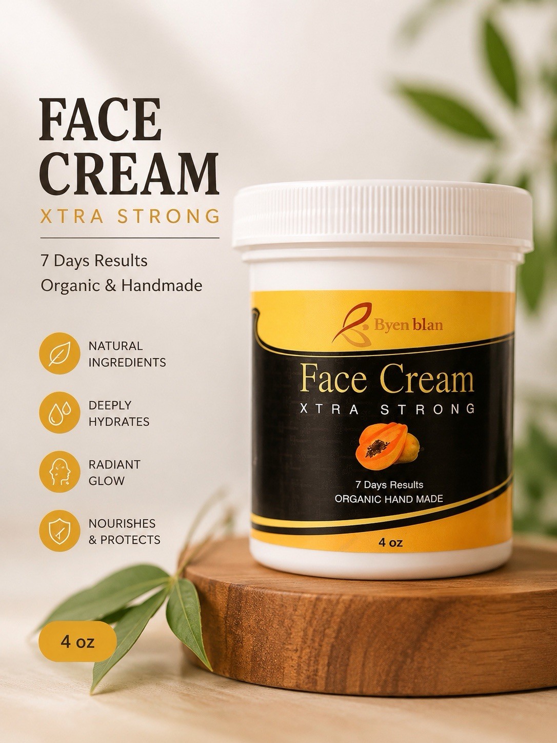 Byenblan Odorless Xtra Strong Papaya Face Moisturizer Cream 2 oz Jar