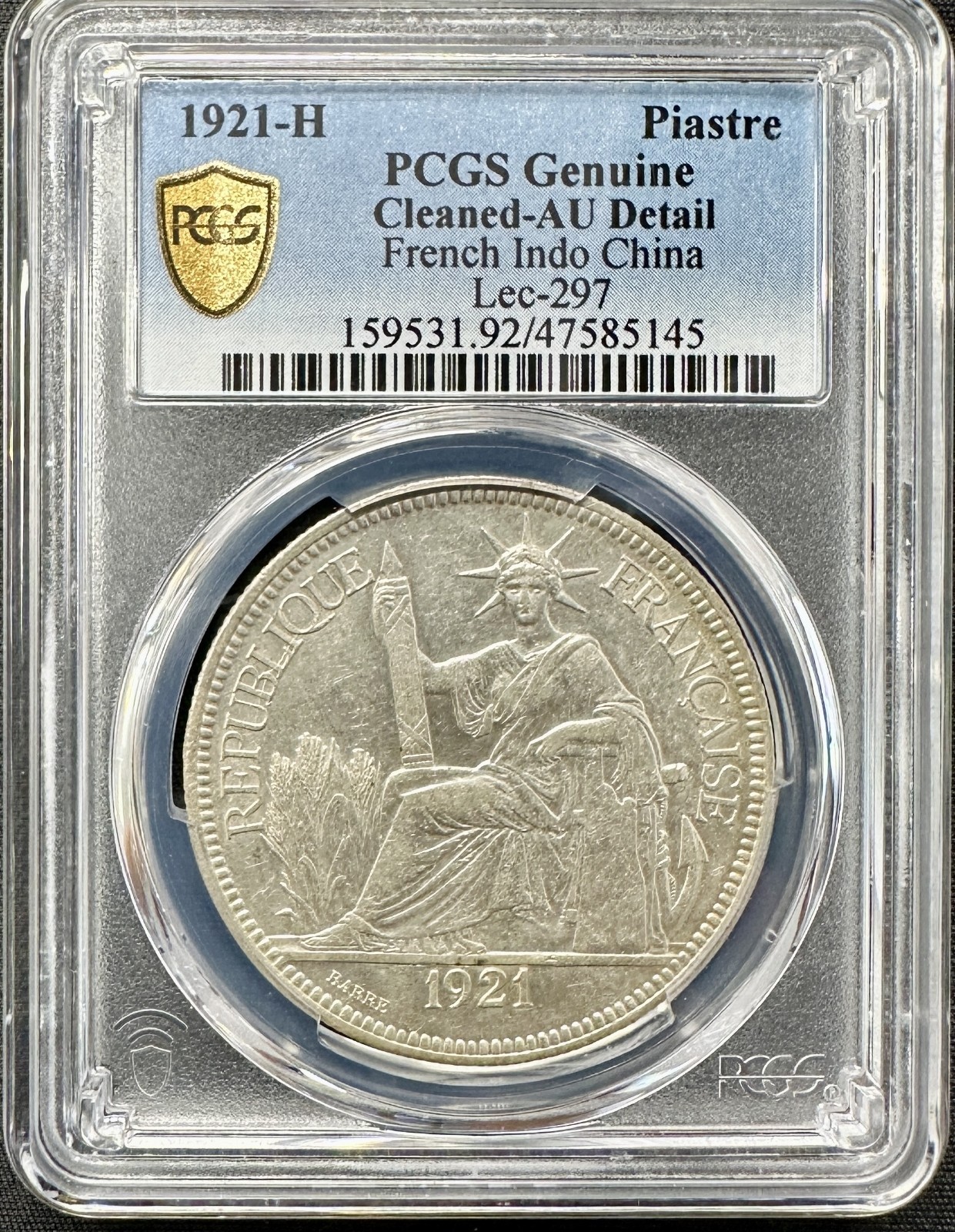 French Indo-China 1921-H Silver 1 Piastre KM# 5a.1 Lec-297 PCGS Genuine Details