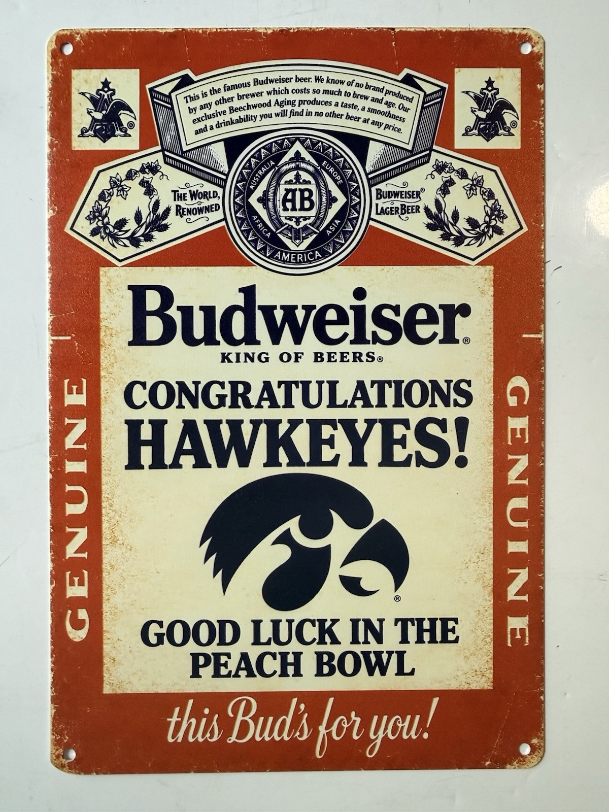 Iowa Hawkeyes Budweiser Beer Sign - Vintage Peach Bowl Iowa Hawkeyes Budweiser Beer Sign - Vintage Peach Bowl