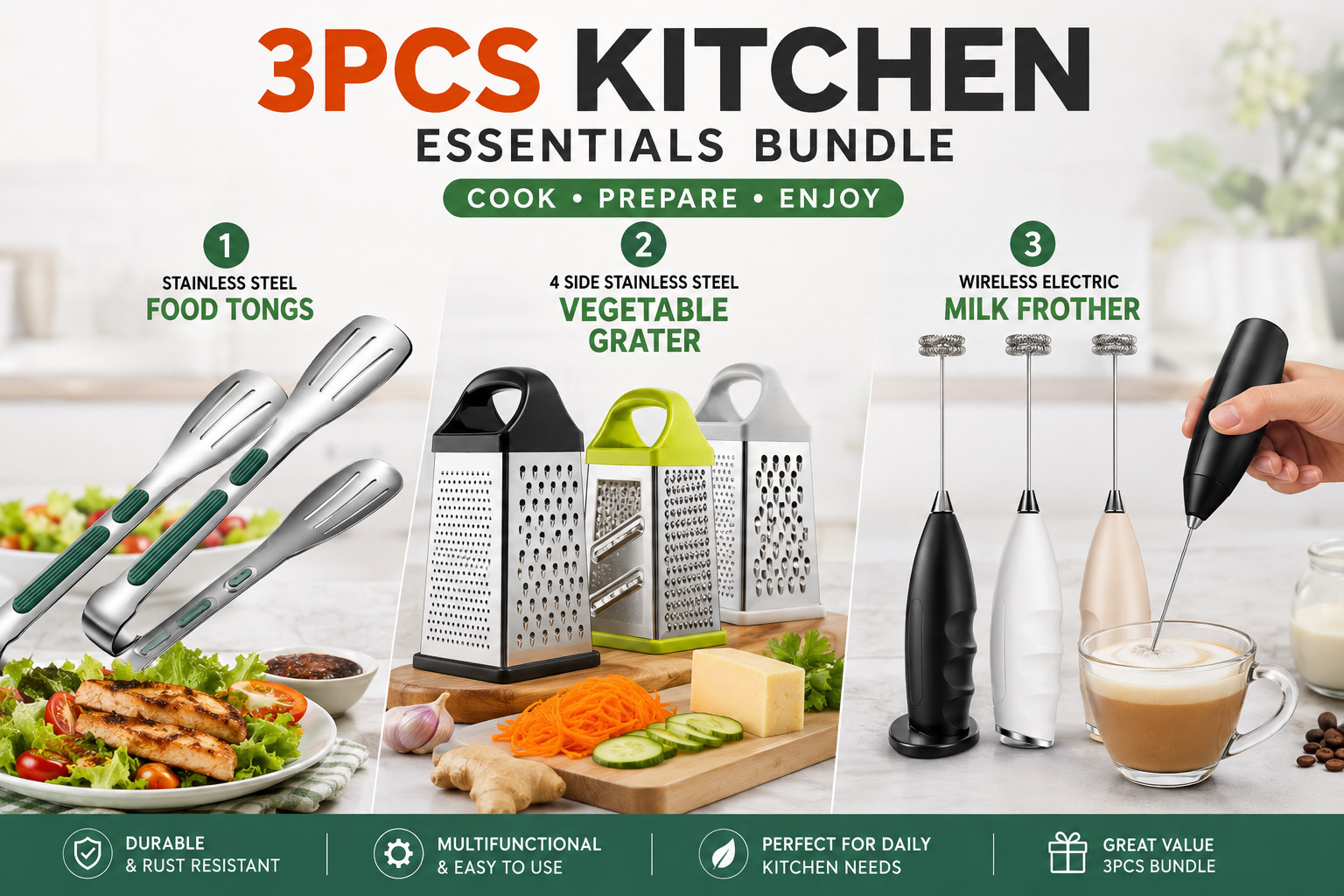 3PC Kitchen Essential Bundle–Food Tong,Vegetable Grater & Electric Milk Frother