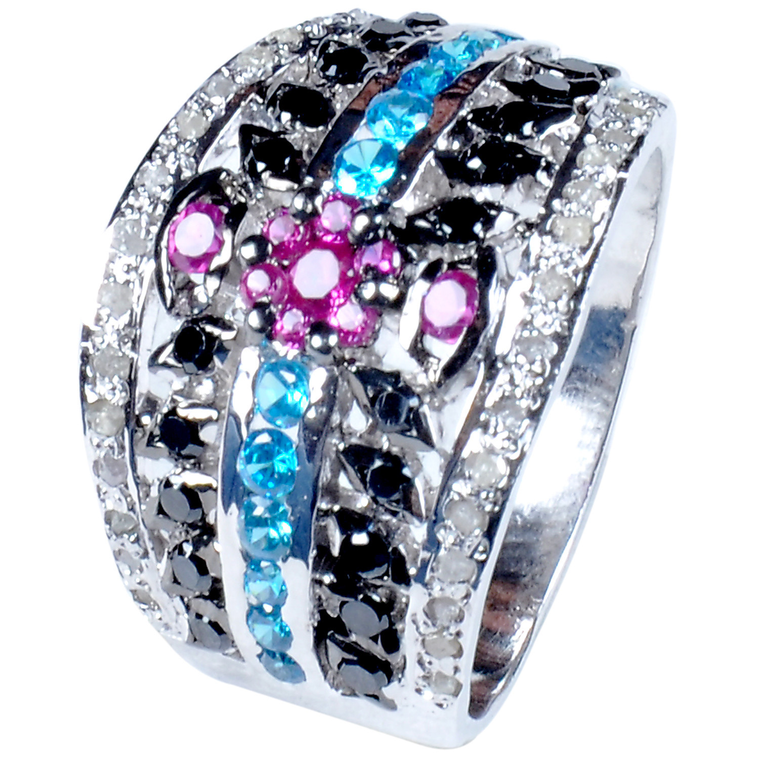 1.44+ Ct RAW WHITE NATURAL DIAMOND & MULTI COLOR 925 Sterling SILVER RING SIZE 9