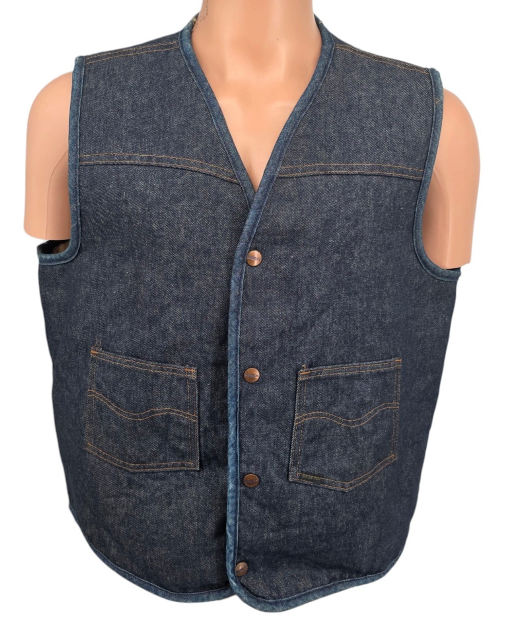 Vtg 70s Sears Roebucks Denim Sherpa Lined Vest Western Trucker Indigo Men\'s L
