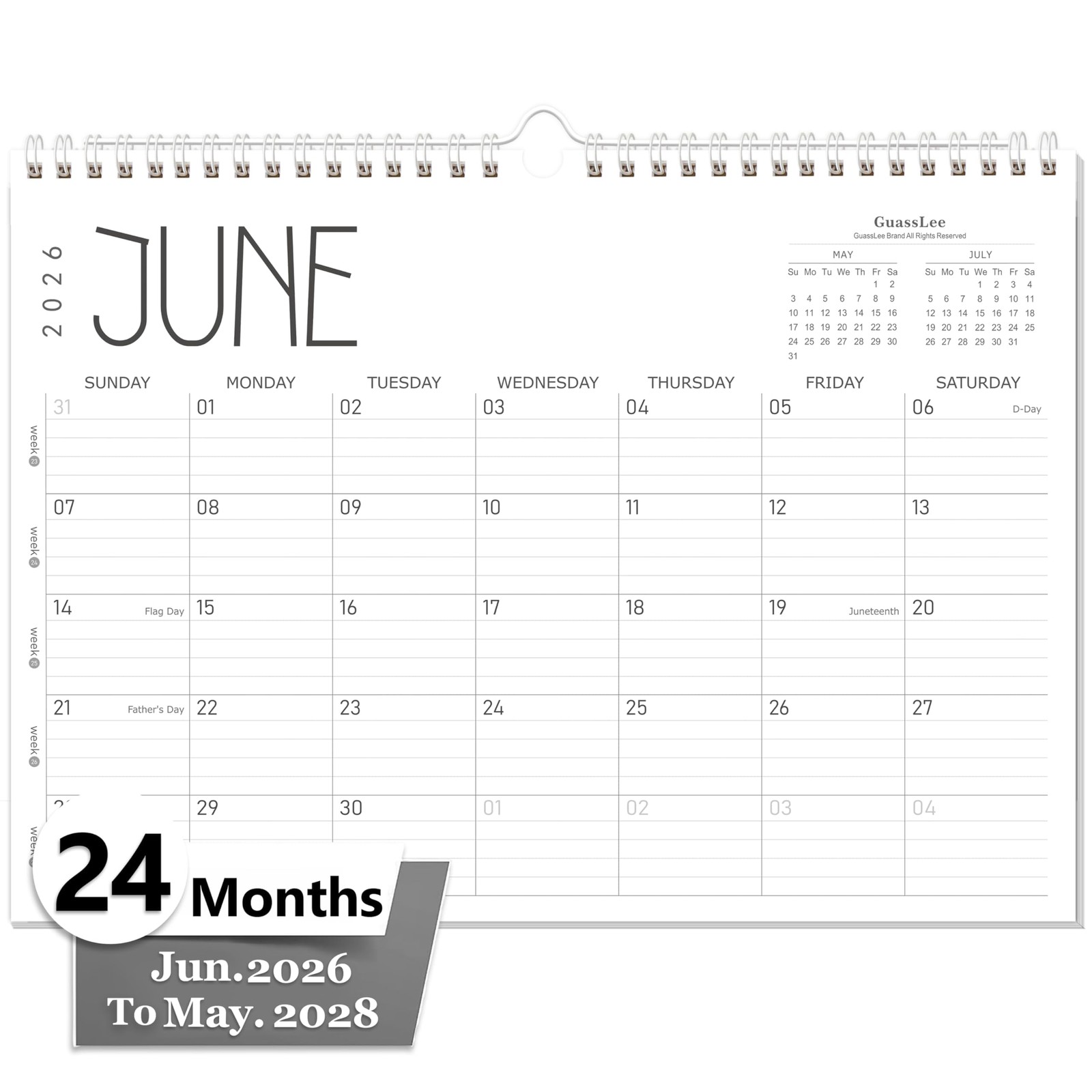 GuassLee Wall Calendar 2026, 24Month Desk/Wall Academic Calendar from Jun. 20...