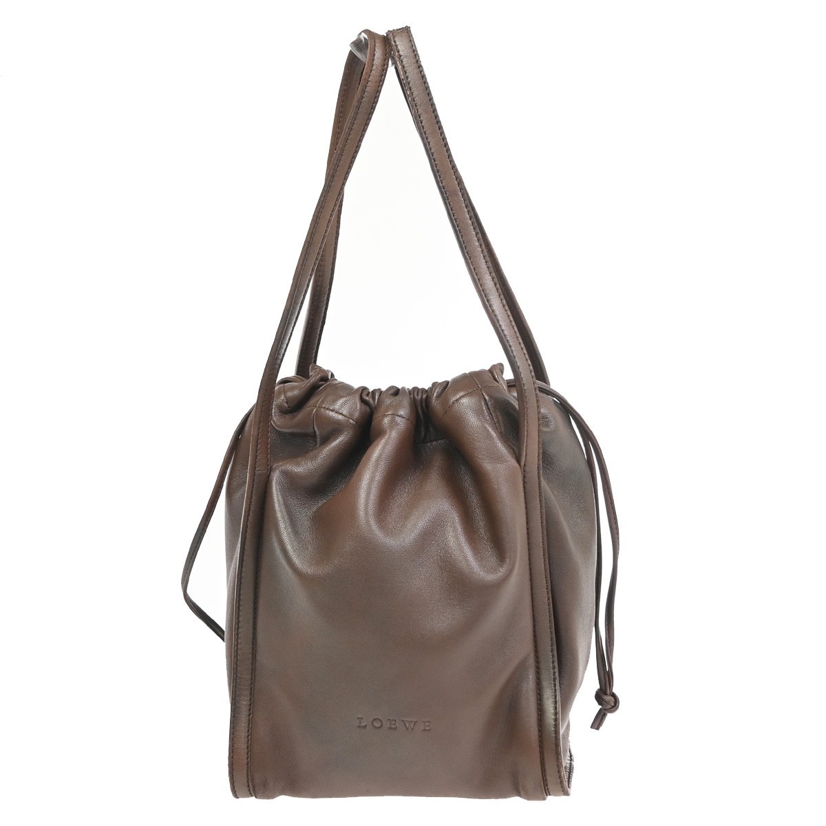 LOEWE Logo Drawstring Hand Bag Leather Brown GHW Spain 38KD532