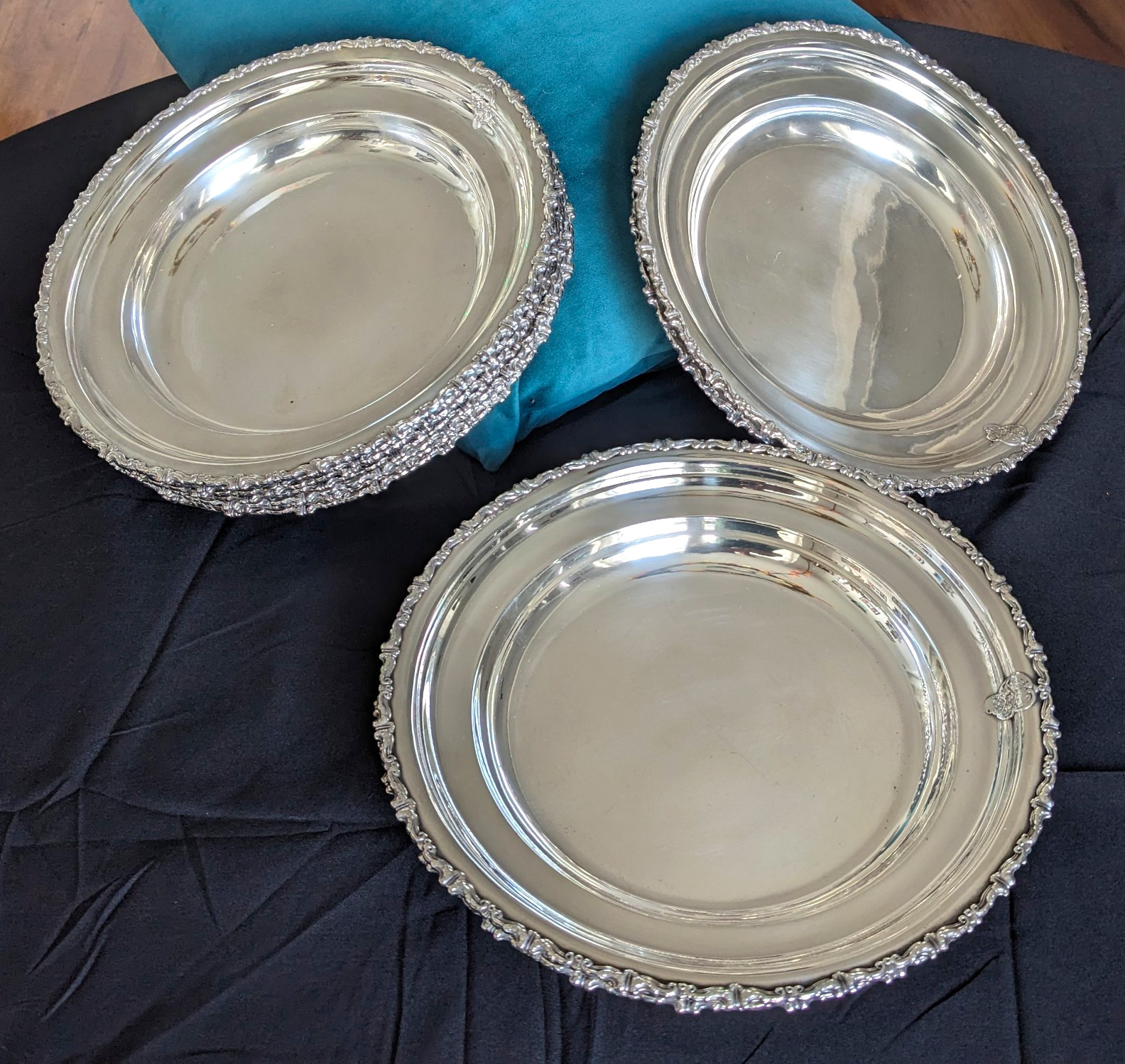 Set of 10 Gorham Silver Dinner Plates, made For H.M. Kinsley ($90 each)