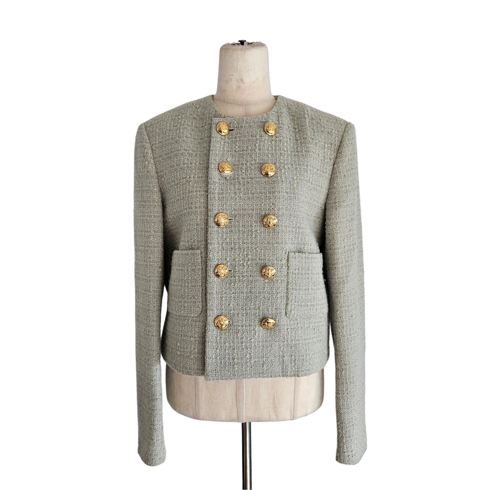 Celine 2021 Light Green Tweed Button Detail Cropped Jacket Celine 2021 Light Green Tweed Button Detail Cropped Jacket