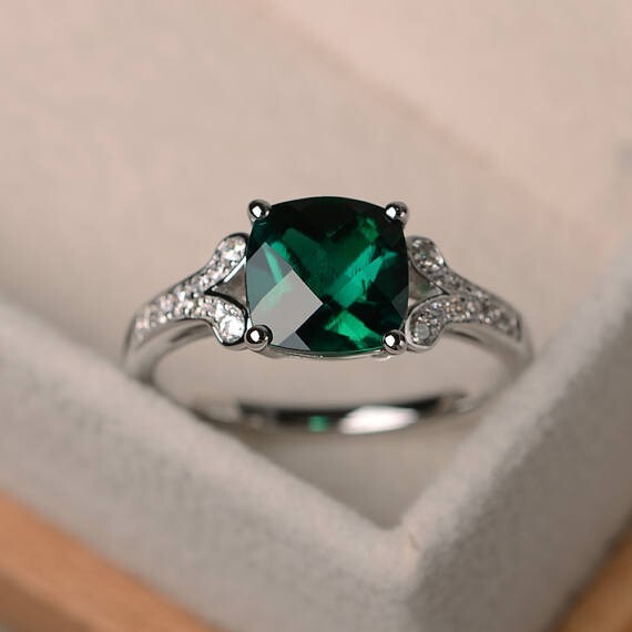 2.95 Ct Real Cushion Cut Emerald & Diamond Engagement Ring 14k Real White Gold