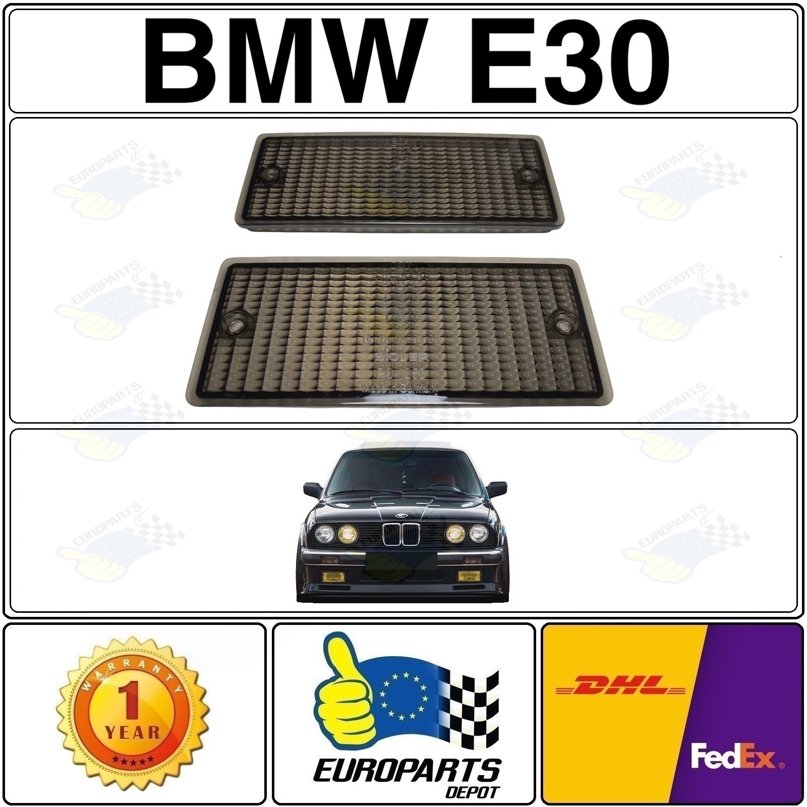 1984-1988 BMW E30 Early Model Metal Bumper Smoke Turn Signal Blinker Lens Set