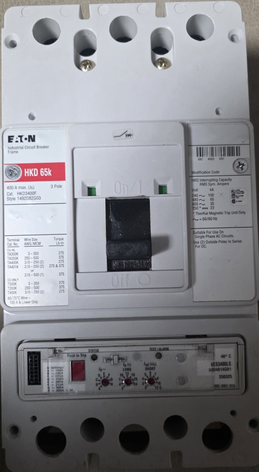 Eaton HKD3400F Circuit Breaker 400A 3-Pole 600Vac Thermal Mag KES3400LS