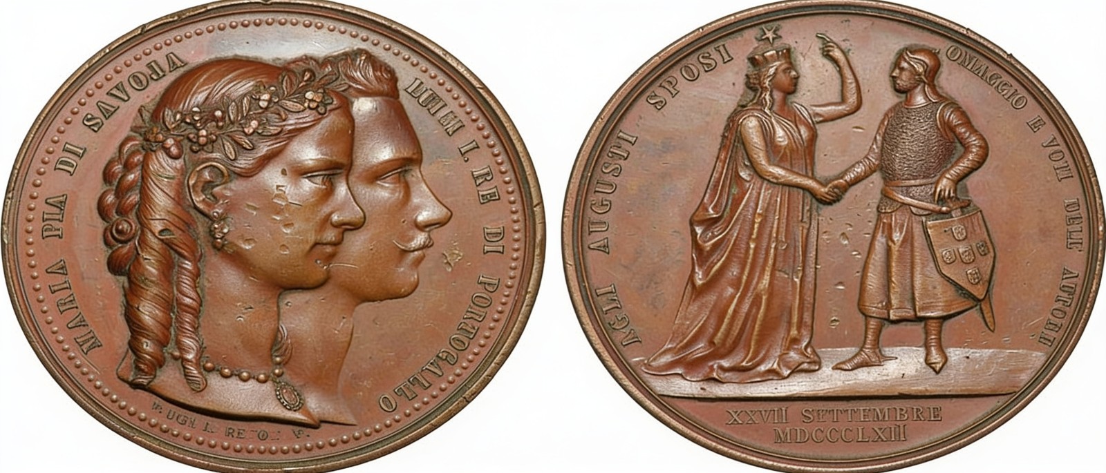 Portugal 1862 Bronze Marriage Medal - King Luis I & Maria Pia di Savoia - Rare