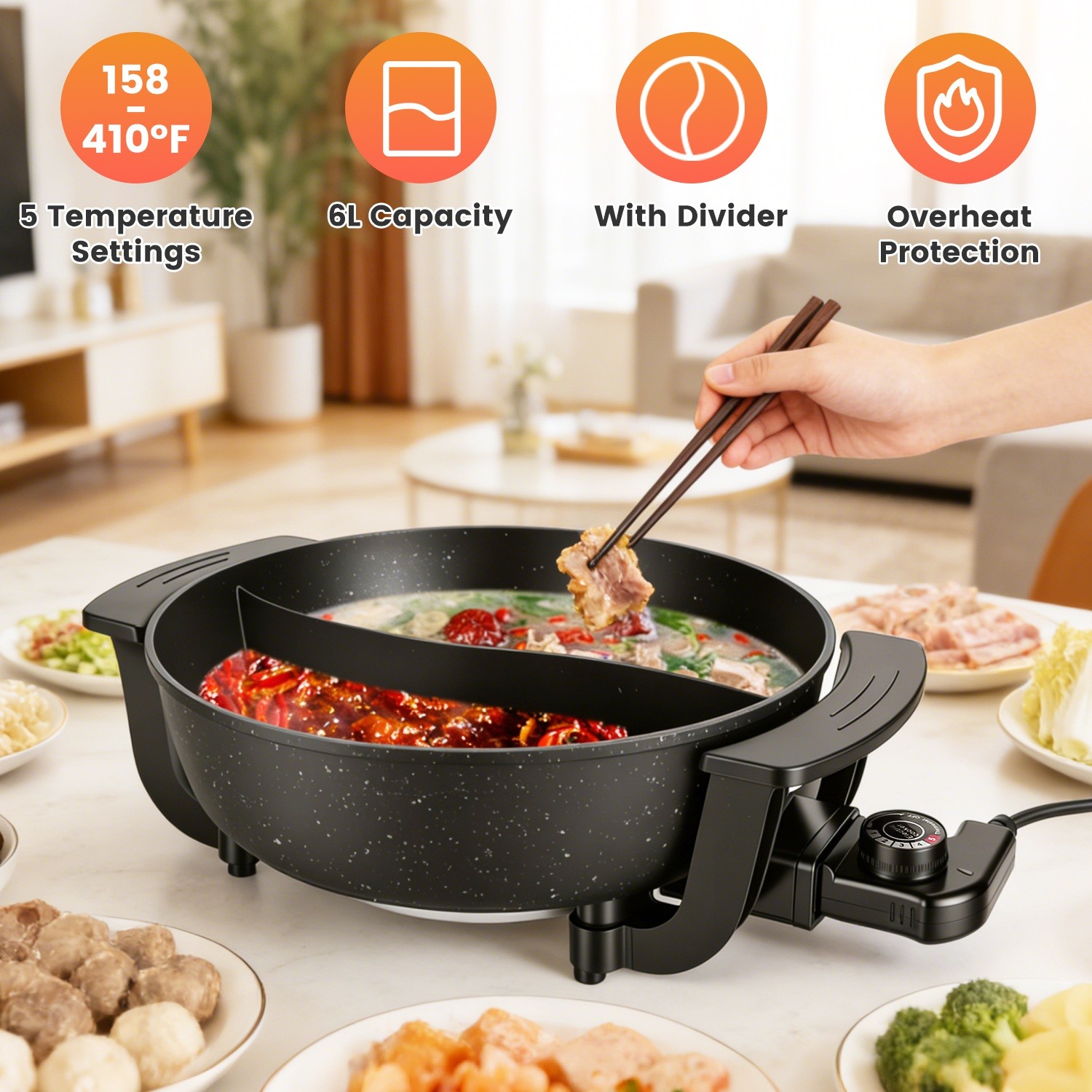 6L Large Capacity Electric Hot Pot with Divider, 5 Gear Adjustable Temperature N