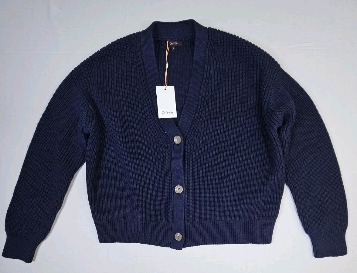 Quince Cardigan Women Small Blue 100% Organic Cotton Fisherman Boxy Cropped NEW