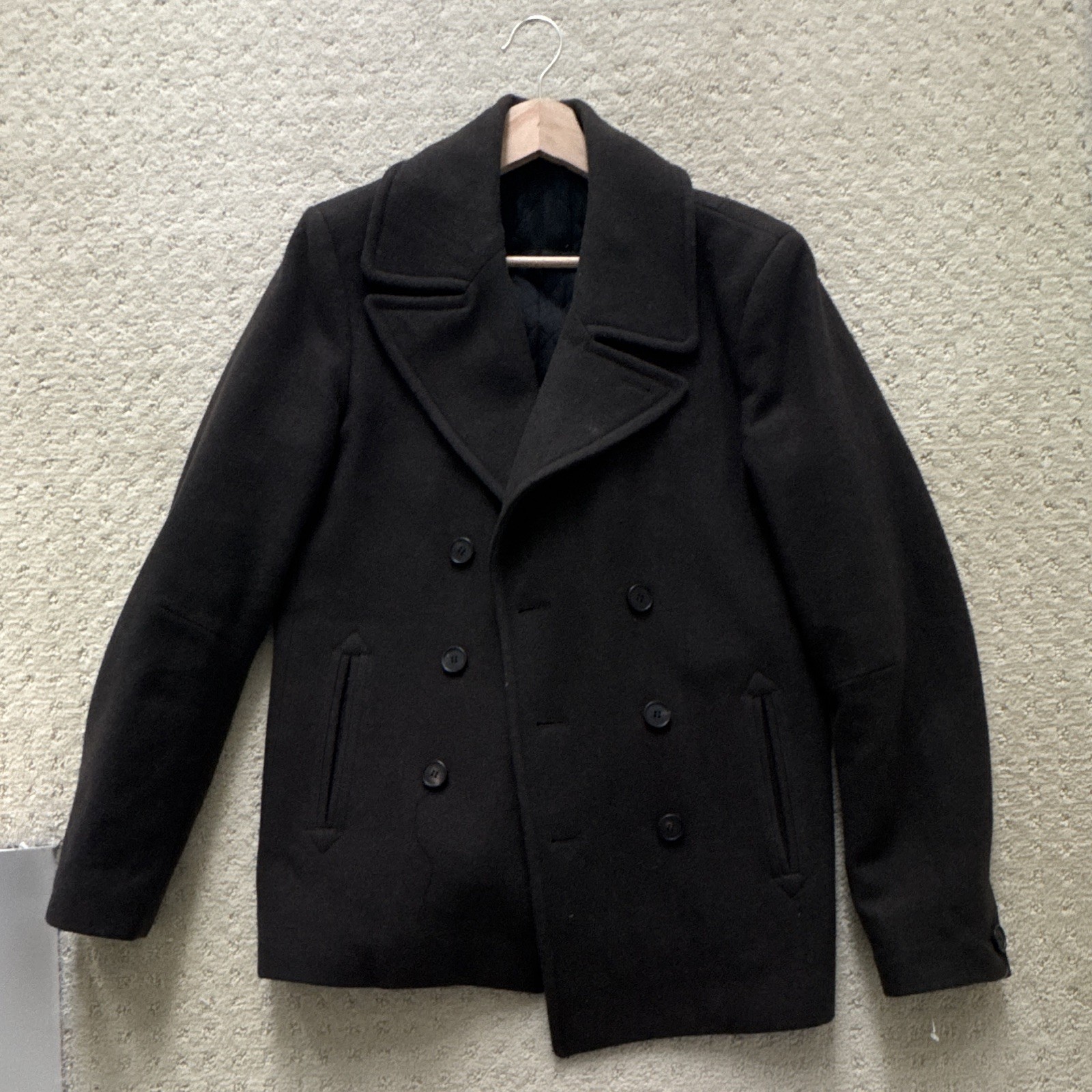 ALLSAINTS Spitalfields Men’s Black Pea Coat S Chest Lined Pockets ALLSAINTS Spitalfields Men’s Black Pea Coat S Chest Lined Pockets